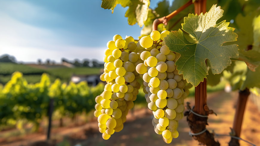 Close-up of ripe white wine grapes hanging on vine in vineyard