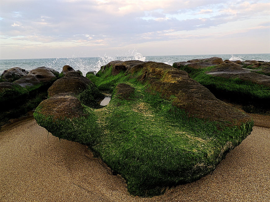 Mossy Rock Formation on Sandy Beach with Ocean Waves