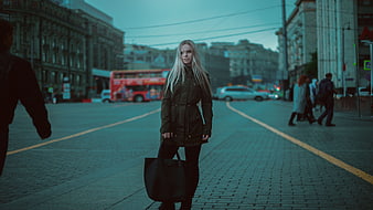 Stylish Woman With Black Bag On City Street