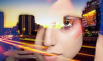 Double Exposure Woman Face and City Traffic at Dusk