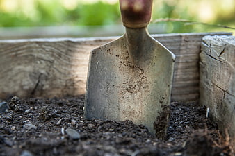 Close-up of rusty hand trowel in dark garden soil