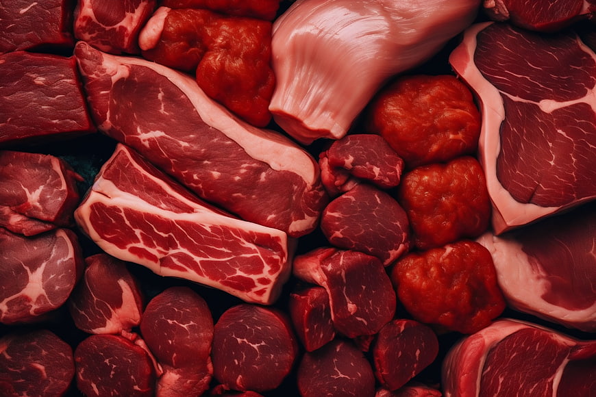 Assortment of raw red meat cuts and steaks top view