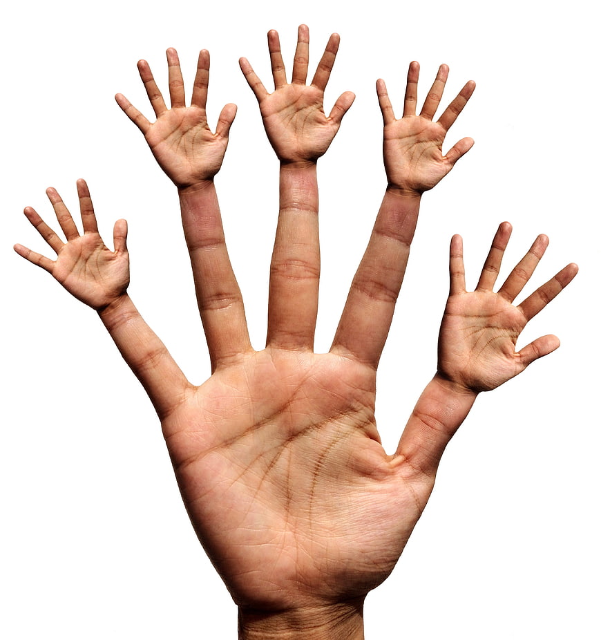 Surreal fractal hand with smaller hands growing from fingers