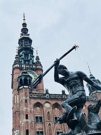 Neptune Fountain and Town Hall Tower in Gdańsk, Poland