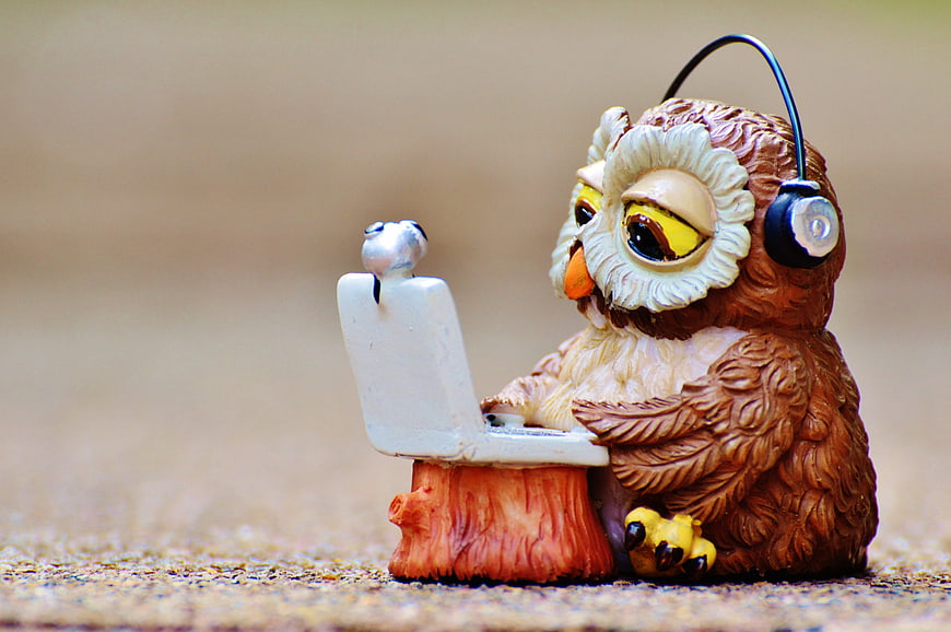 Cute Owl Figurine with Headphones and Laptop