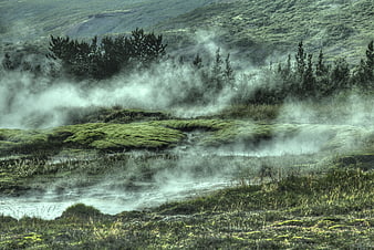 Misty green landscape with steam rising from a geothermal stream