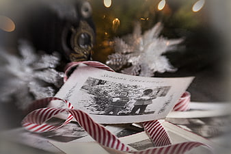 Vintage Christmas Greeting Card with Red Ribbon and Snowflake