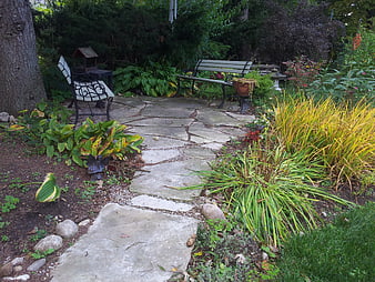 Peaceful Garden Patio with Stone Path and Benches
