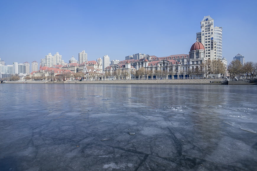 Frozen river with European-style architecture in Tianjin