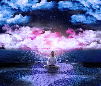Man meditating in lotus pose under cosmic pink and blue sky