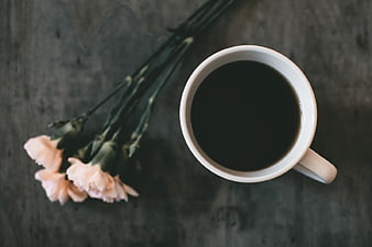 Top View of Black Coffee and Pink Carnations on Dark Table