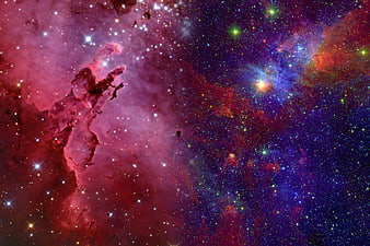 Vibrant Red and Blue Nebula with Star Clusters in Deep Space