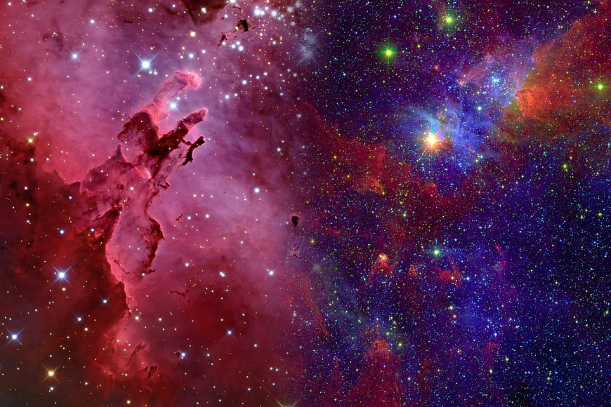 Vibrant Red and Blue Nebula with Star Clusters in Deep Space