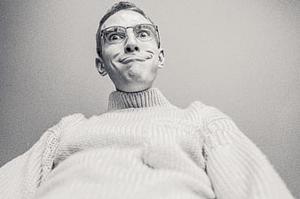 Funny low angle portrait of man making silly face