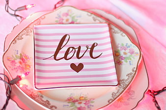 Vintage Floral Plate With Pink Striped Love Tile And Fairy Lights