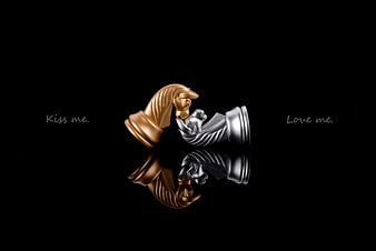 Gold and Silver Chess Pieces Kissing on Black Background