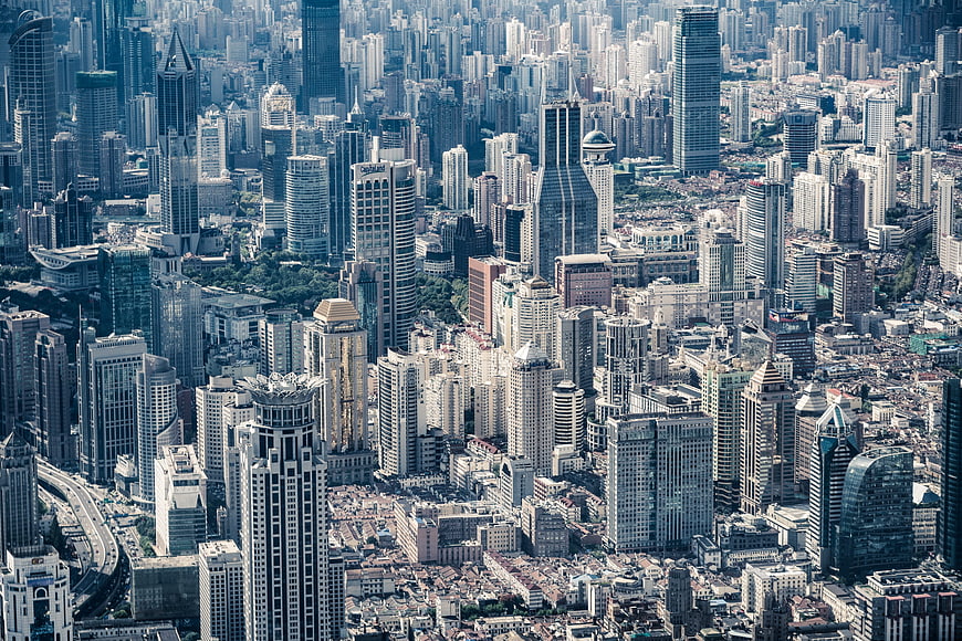 Aerial View of Dense Modern Cityscape with Skyscrapers