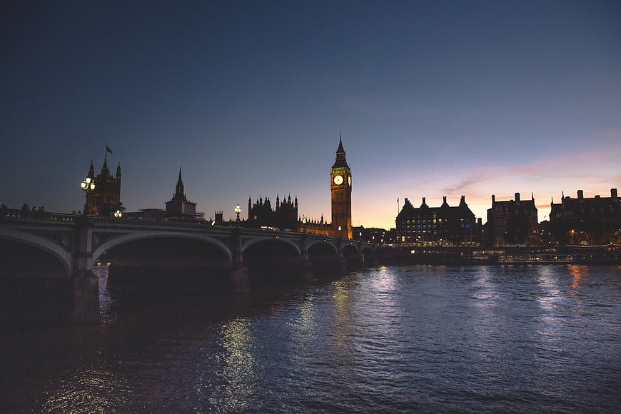 Big Ben and Westminster Bridge at Dusk Over River Thames