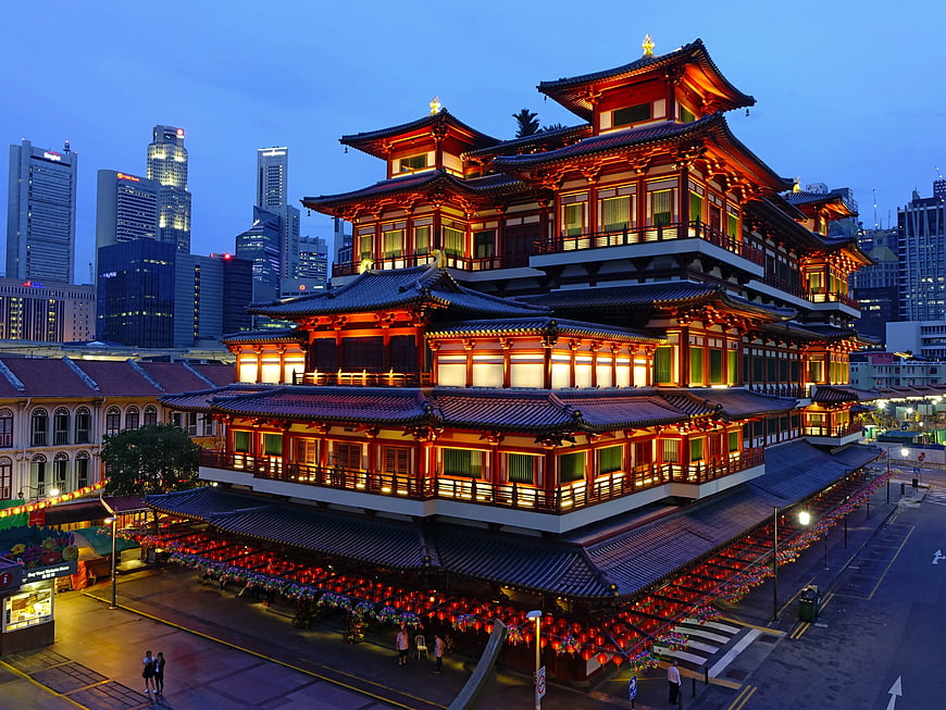 Illuminated Thian Hock Keng Temple in Singapore Chinatown at Night