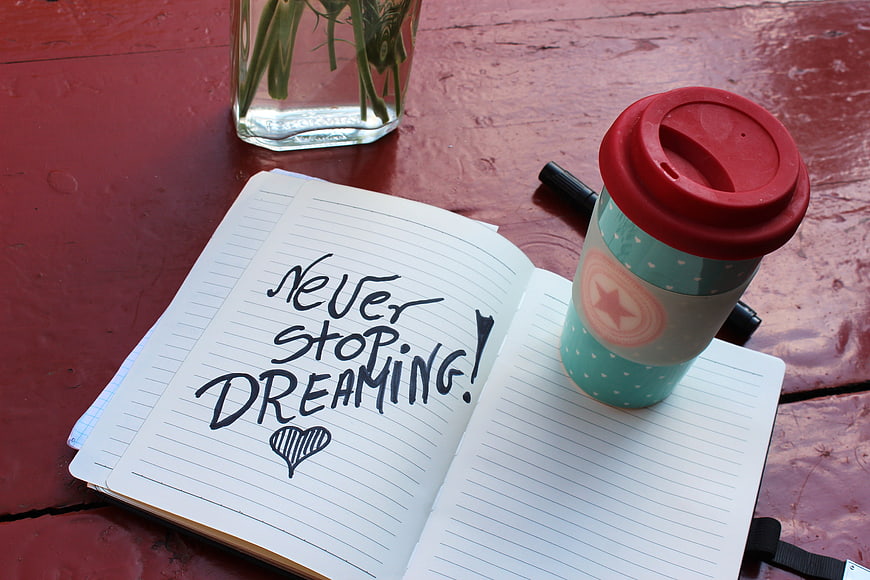 Open Notebook with Never Stop Dreaming Quote and Coffee Cup