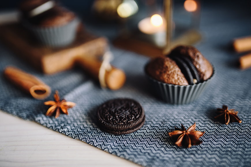 Chocolate Oreo Muffin with Spices and Cinnamon Sticks