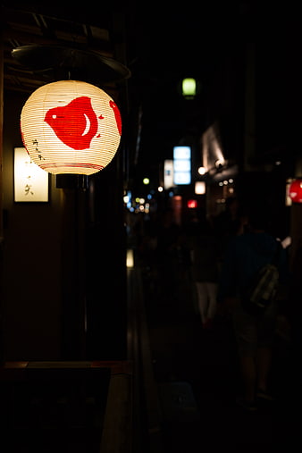 Traditional Japanese Paper Lantern with Red Bird Design at Night