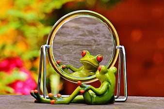 Cute Green Frog Figurine Relaxing in Front of a Small Round Mirror
