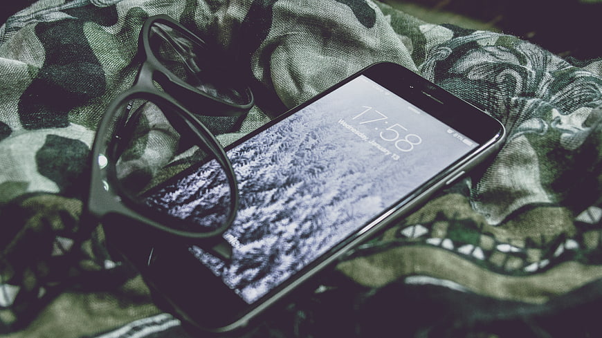 Smartphone and Glasses on Camouflage Fabric