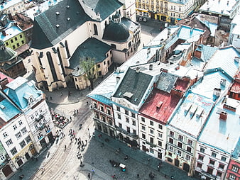 Aerial View of Colorful European Town Square with Church