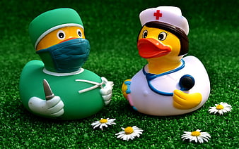 Surgeon and Nurse Rubber Ducks on Green Grass