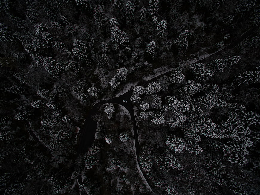Aerial view of winding road through dark snowy forest