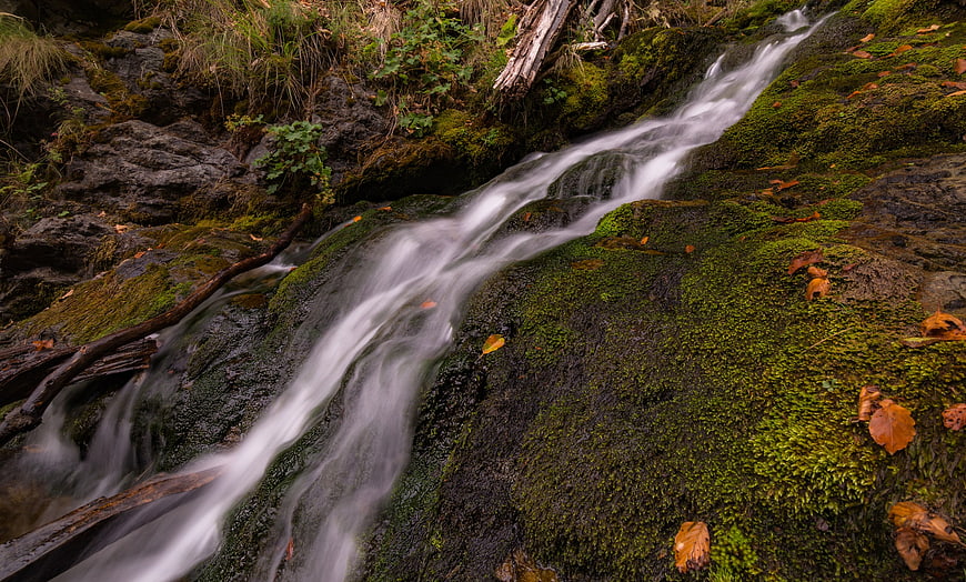 Misty stream flowing over mossy rocks in autumn forest