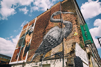 Large Heron Mural on Brick Wall in East London