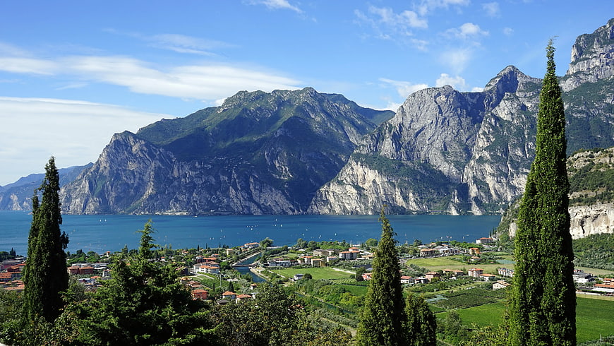 Panoramic View of Lake Garda Mountains and Town