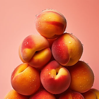 Stack of fresh peaches with water droplets on pink background