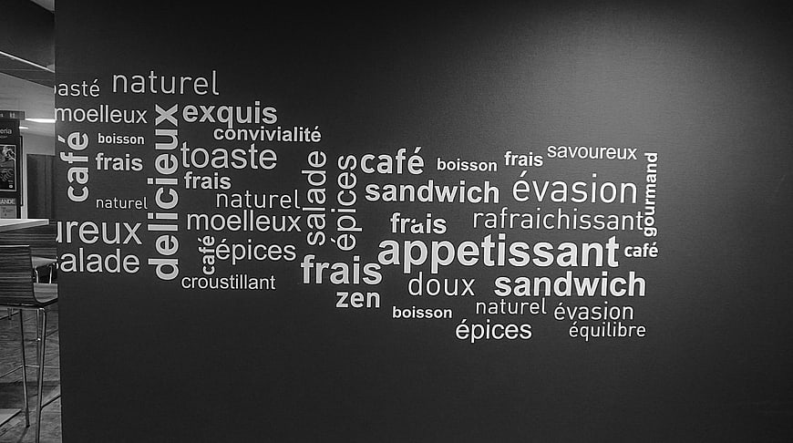 French Food Word Cloud on Dark Wall