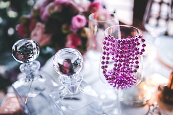 Purple Beads in Wine Glass with Crystal Decanters