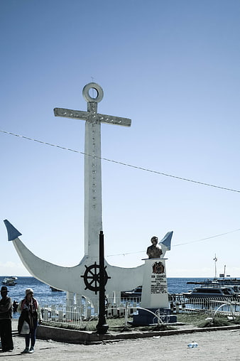 Giant White Anchor Monument in Copacabana, Bolivia