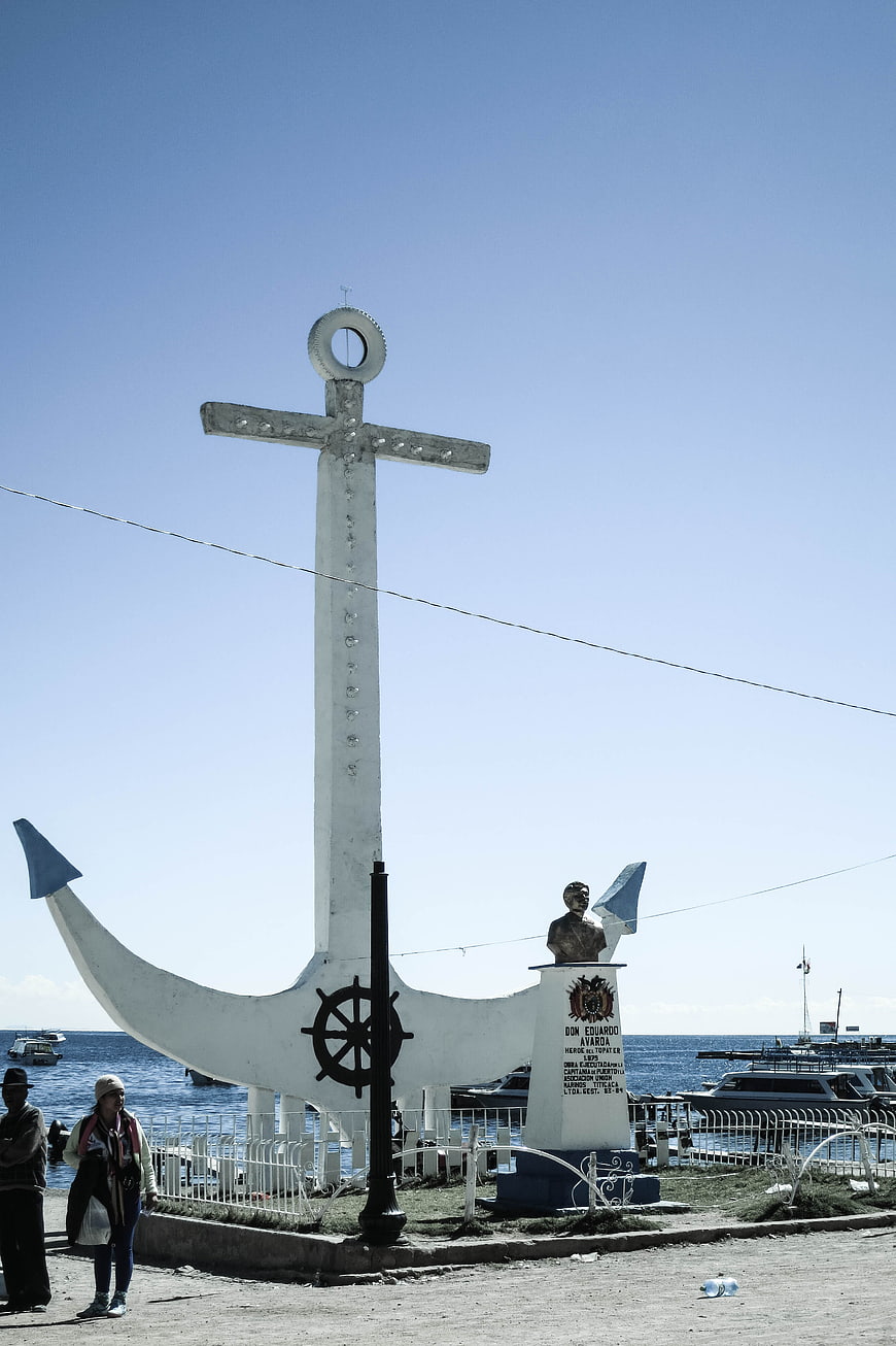 Giant White Anchor Monument in Copacabana, Bolivia