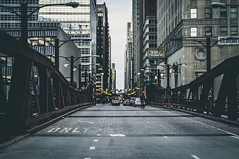 Urban City Bridge Street View with Traffic and Skyscrapers