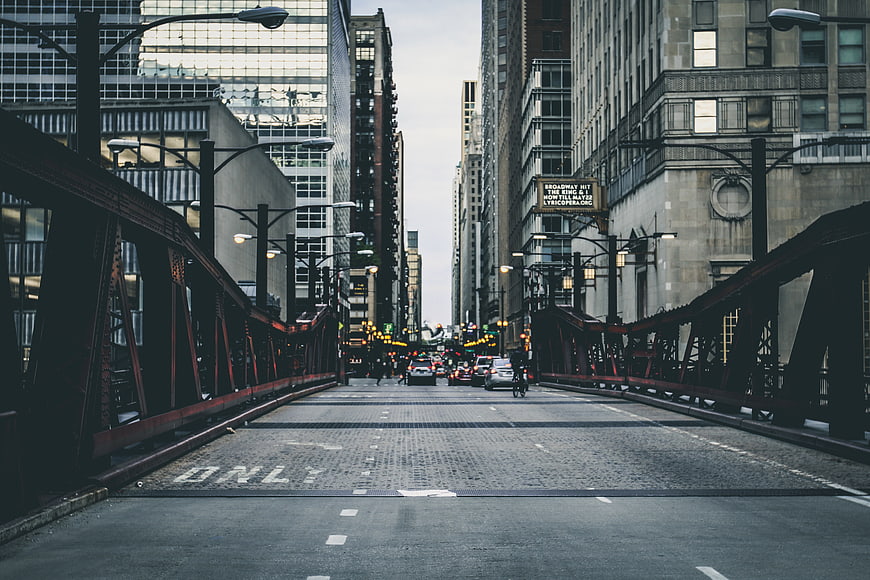 Urban City Bridge Street View with Traffic and Skyscrapers