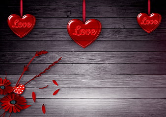 Romantic Valentine's Day Background With Red Hearts And Flowers On Dark Wood
