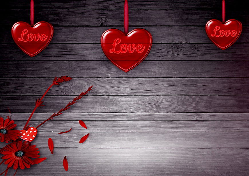 Romantic Valentine's Day Background With Red Hearts And Flowers On Dark Wood
