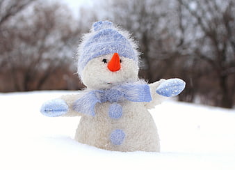 Cute Plush Snowman Toy in Snowy Winter Landscape