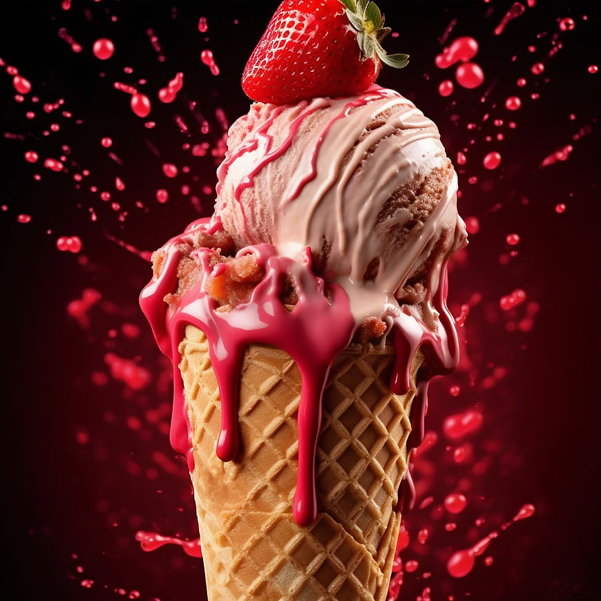Strawberry Ice Cream Cone with Red Splash