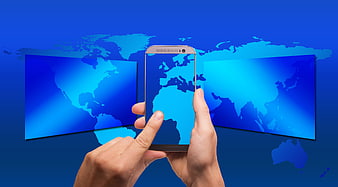 Hands holding smartphone with world map background