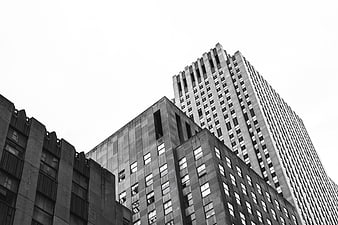 Black and white low angle view of urban skyscrapers