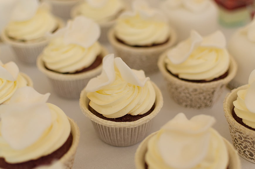 Close-up of chocolate cupcakes with white frosting and coconut flakes