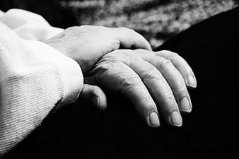 Black and White Close Up of Elderly Hands Holding Each Other