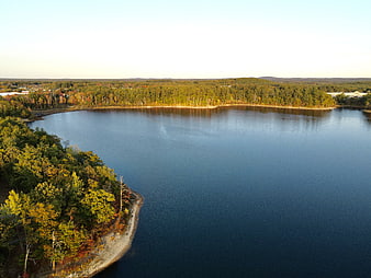 Aerial View of Serene Lake Surrounded by Autumn Forest